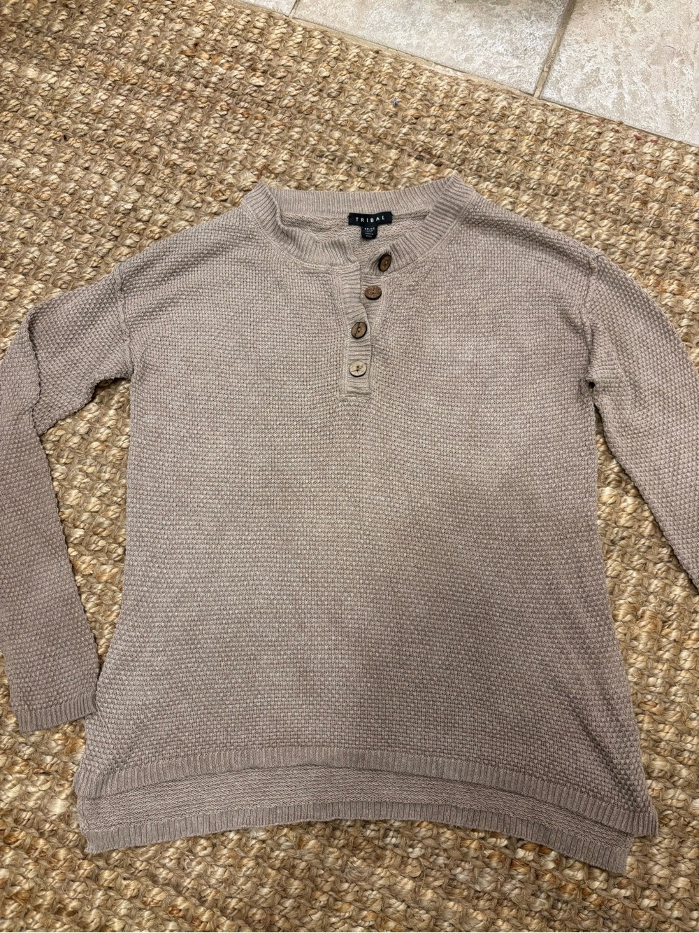 Tribal Neutral Taupe Button Henley Sweater